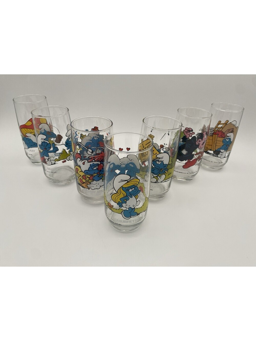 Smurfs Set of 7 Different Glass Collectors Cups - Vintage 1982 Peyo